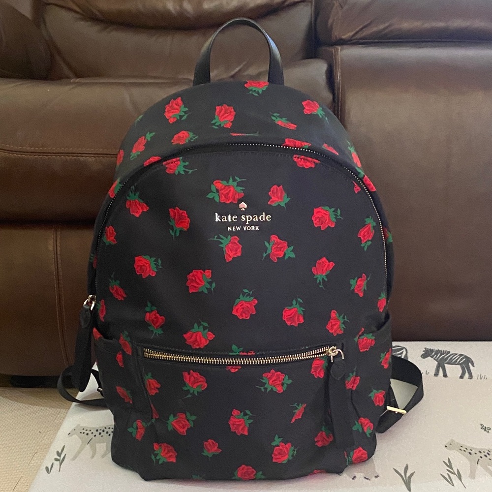 Chelsea Kate Spade Black Backpack with Red Floral Pattern in Large